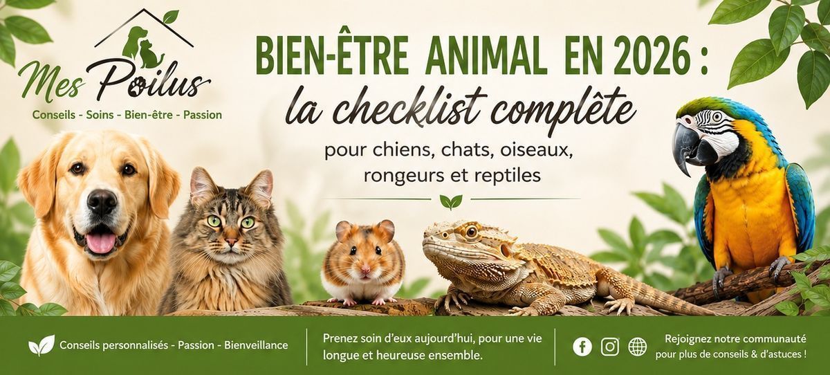 Bien-être animal en 2026 : la checklist complète pour chiens, chats, oiseaux, rongeurs et reptiles